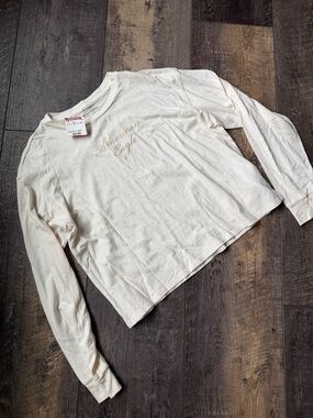 American Eagle Outfitters Cream Long Sleeve Top with Script Logo